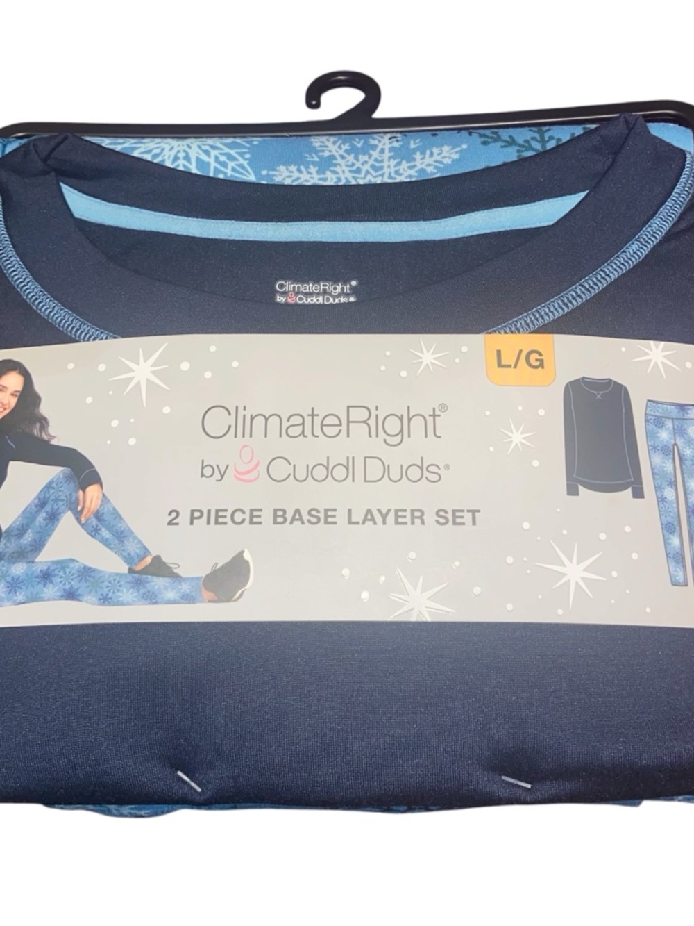 NWT-Cuddl Duds Navy & Light Blue ClimateRight Women's 2-Piece Base Layer Set -LG